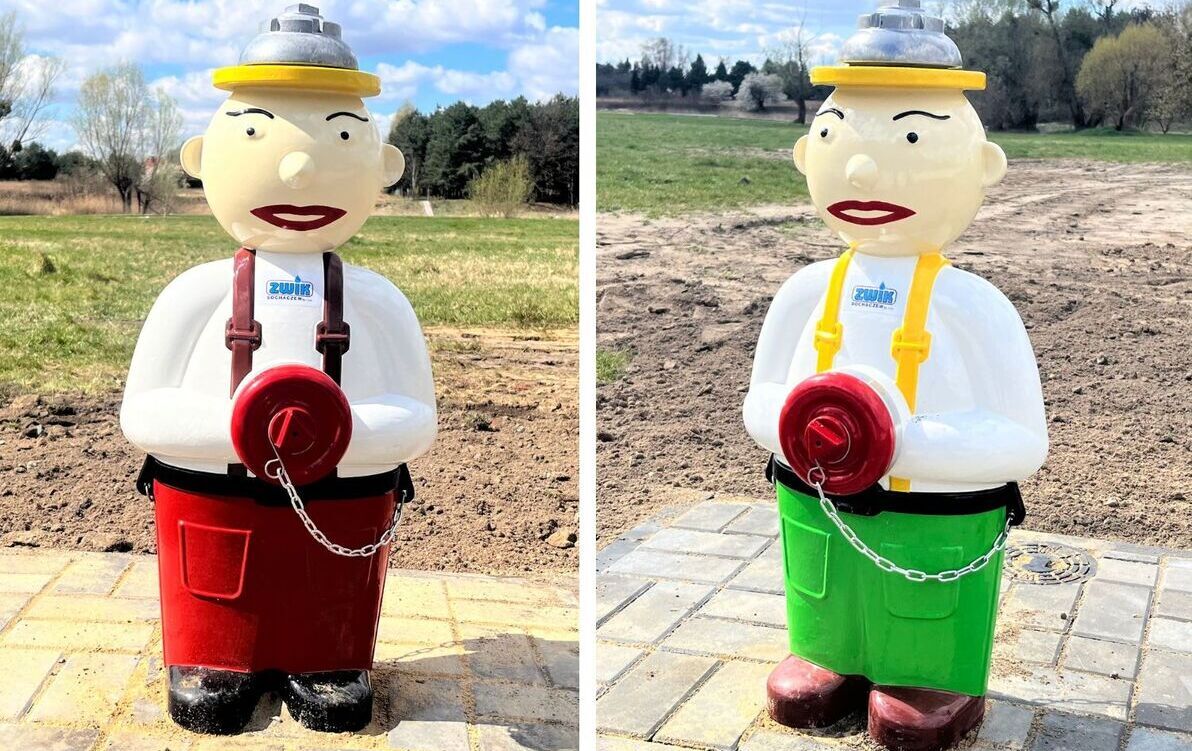 Dwa hydranty "Pawełki" - czerowny i zielony przy sochaczewskich bulwarach nad Bzurą