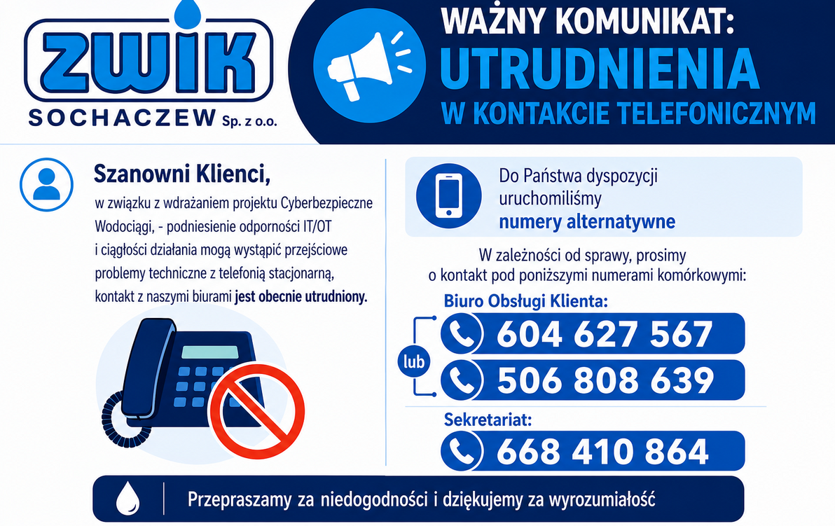 Infografika z komunikatem o utrudnieniach w kontakcie telefonicznym