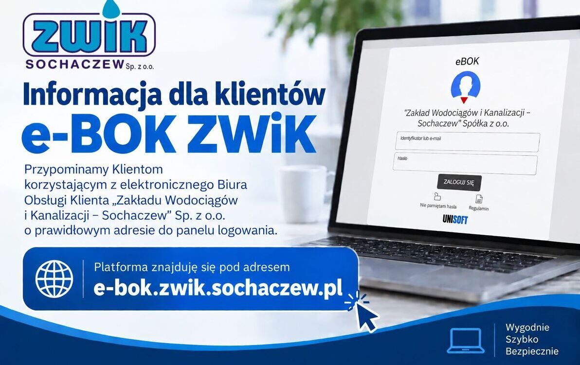 Infografika z komunikatem o prawidłowym adresie do panelu logowania dla klientów e-bok.zwik.sochaczew.pl