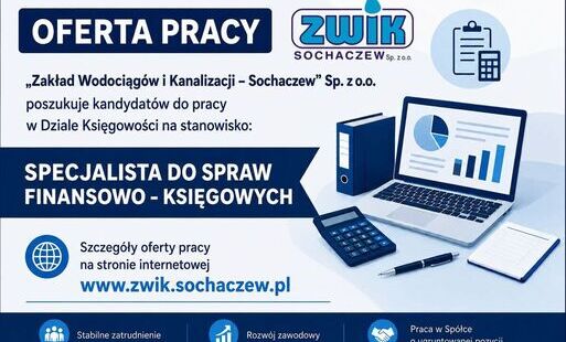 Infografika z informacją o ofercie pracy na stanowisko SPECJALISTA DS. FINANSOWO-KSIĘGOWYCH