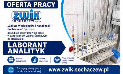 Infografika z informacją o ofercie pracy na stanowisku: Laborant / Analityk Laboratorium Wodno-Ściekowego
