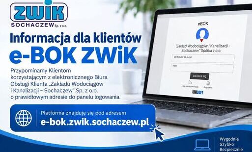 Infografika z komunikatem o prawidłowym adresie do panelu logowania dla klientów e-bok.zwik.sochaczew.pl