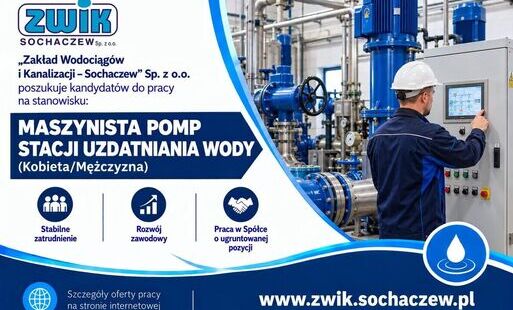 Infografika z ofertą pracy na stanowisko Maszynista Pomp Stacji Uzdatniania Wody